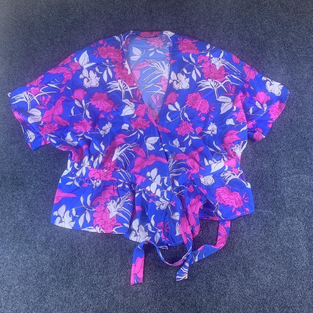 Marc New York Andrew Marc Wrap Blouse Womens L Blue Pink Floral V Neck Tie Waist